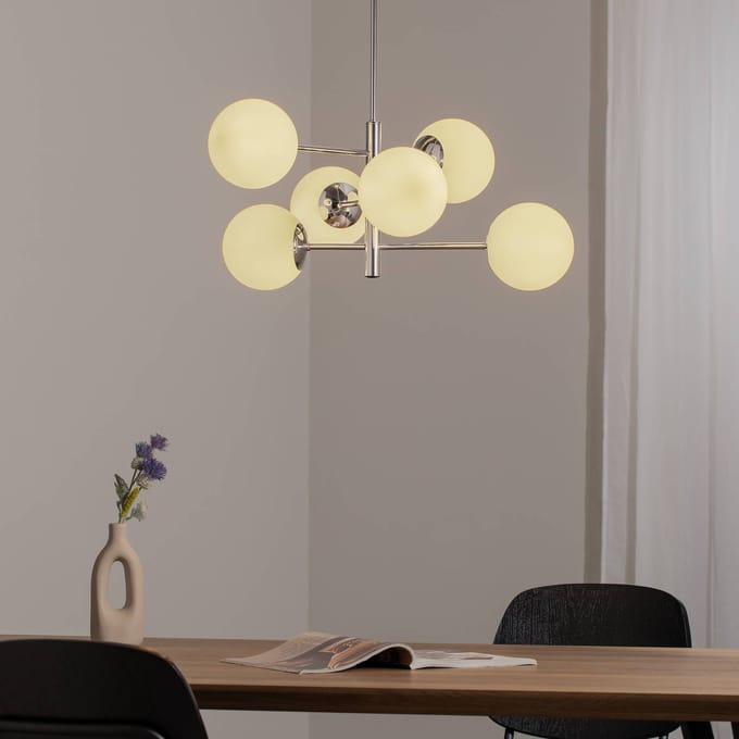 Domiluce Aurora hanglamp, chroom, Ø 60 cm, 6-lamps, glas, E14