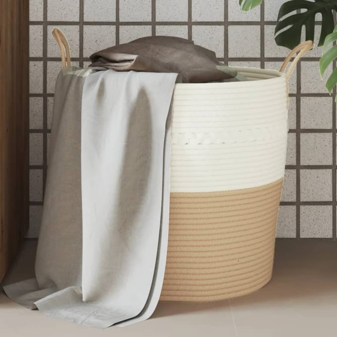 vidaXL - Opbergmand - Ø - 43x38 - cm - katoen - beige - en - wit