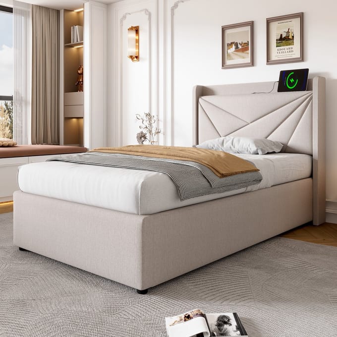 REDOM Opbergbed 90x200 cm – Katoen-linnen – Hydraulisch – USB/Type-C – Beige