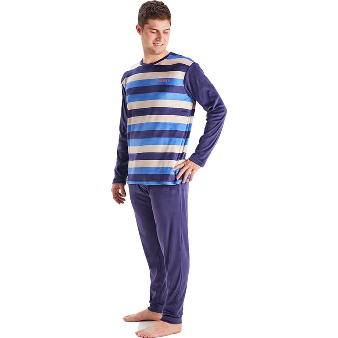 MU3 Herren-Pyjama aus Samt mit Rundhalsausschnitt und langen Ärmeln
