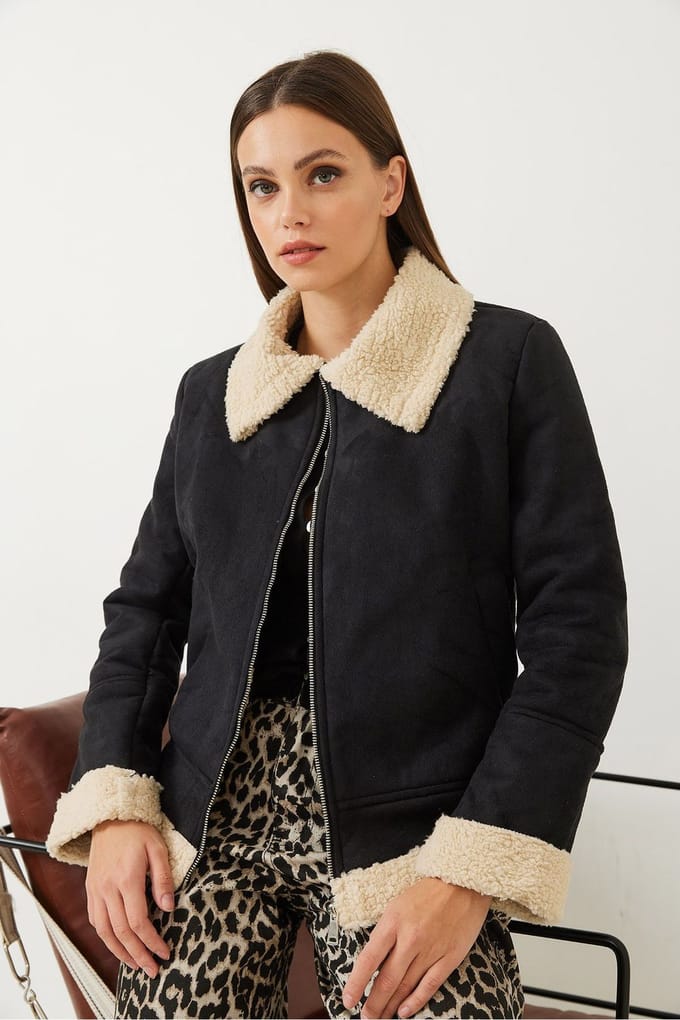 Faux Suède Zip-Up Jas met Sherpa Rand