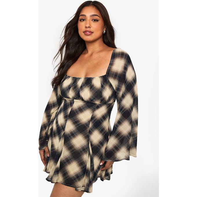 boohoo Dames Plus Check Godet Skater | Steen | Maat: 48