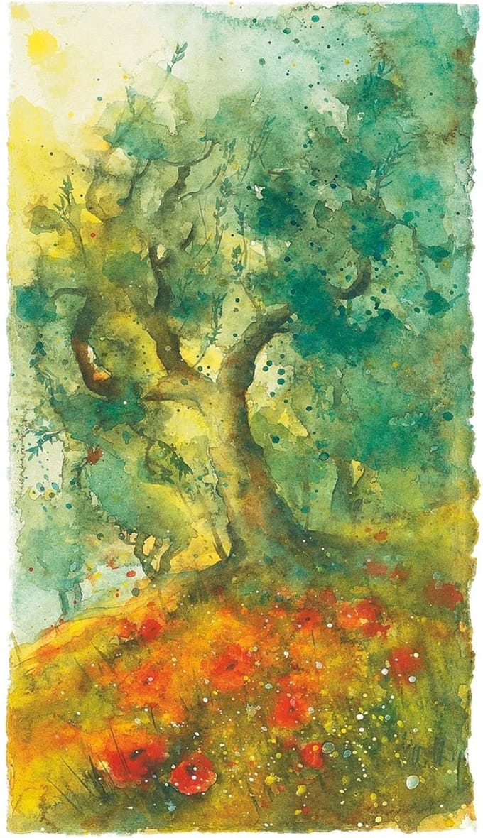 Kunstdruk Ulrich Hartig - Oliven und Mohn 50x70cm
