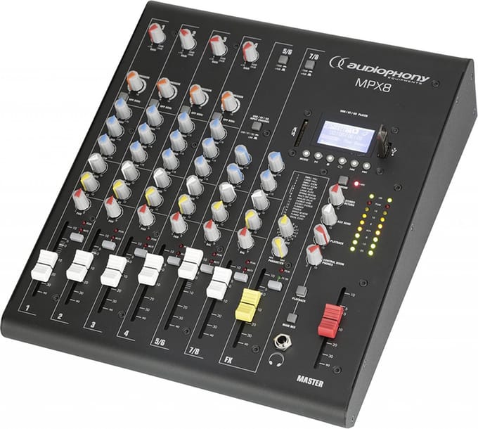 Audiophony MPX8 8-kanaals livemixer met effecten en USB/SD/BT speler