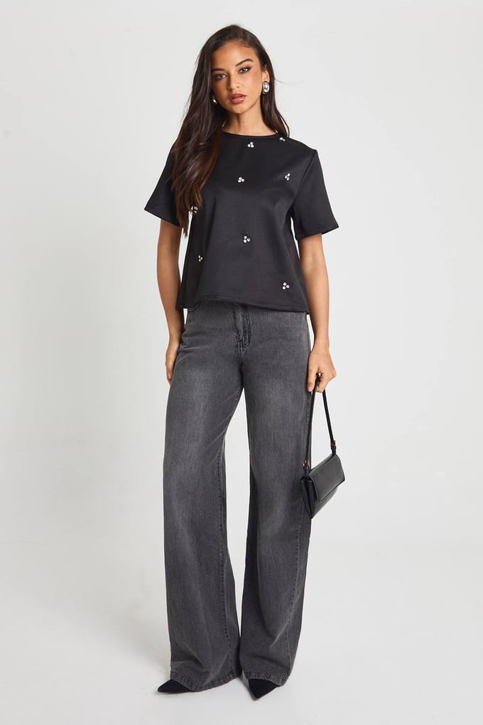boohoo Dames Diamante Boxy Crepe T-Shirt | Black | Maat: 8