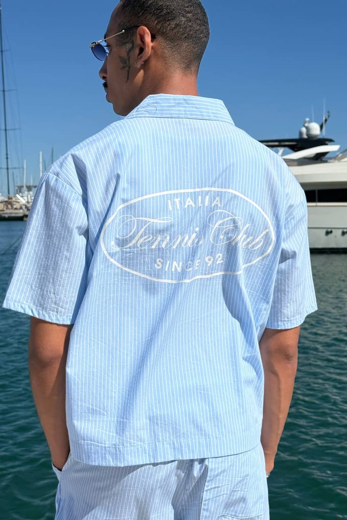 Oversized Boxy Stripe Tennis Club Print Revere Shirt and Short Set | Light Blue | Size Medium