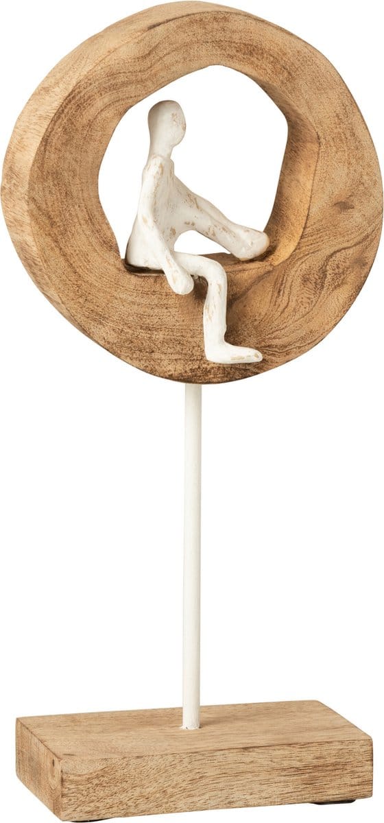 J-Line decoratie Figuur Denker Ring - hout/aluminium - naturel/wit