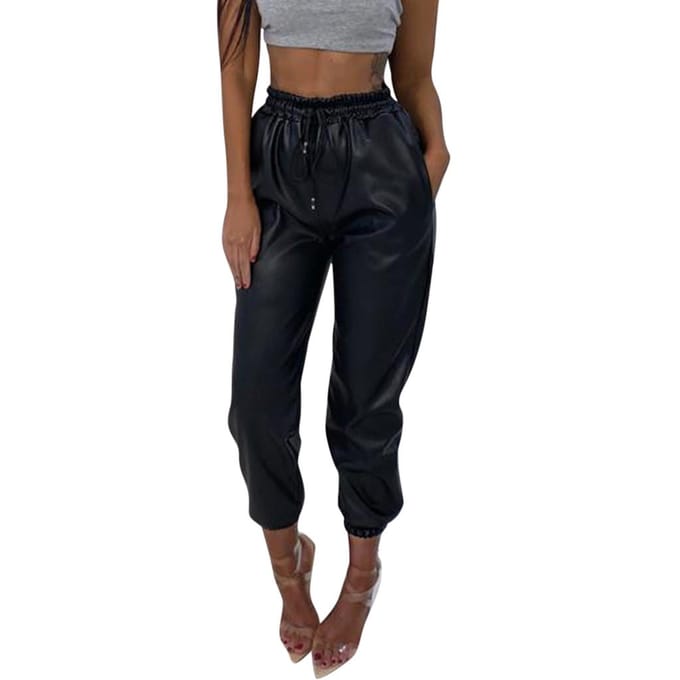 Pantalon de jogging taille haute en simili cuir pour femme M noir