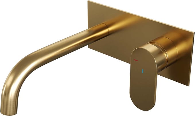 Brauer Gold Edition inbouw wastafelmengkraan met gebogen uitloop en afdekplaat model C1 goud geborsteld PVD