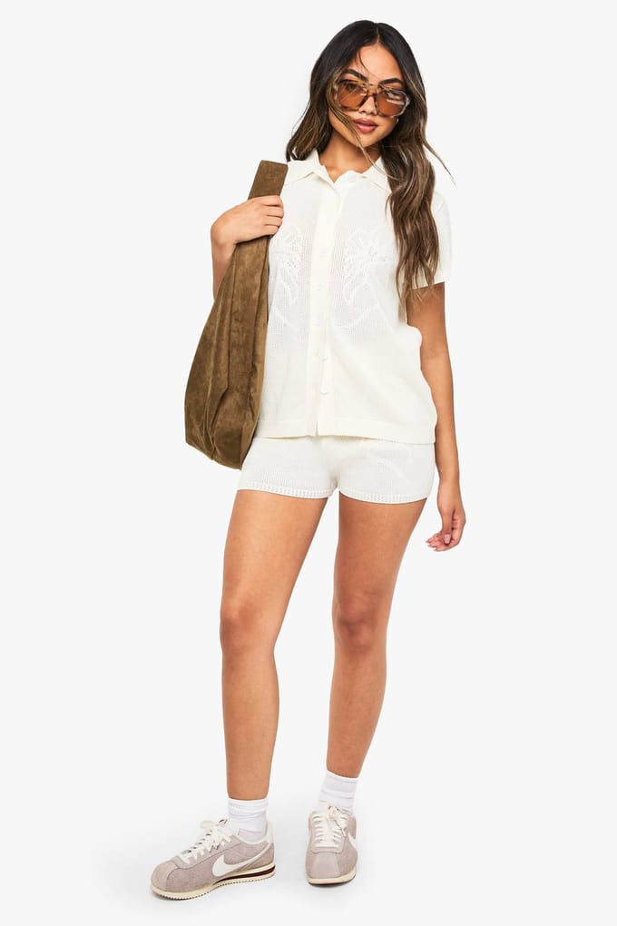 boohoo Dames Bloemige Gebreide Haakshort | Cream | Maat: Large