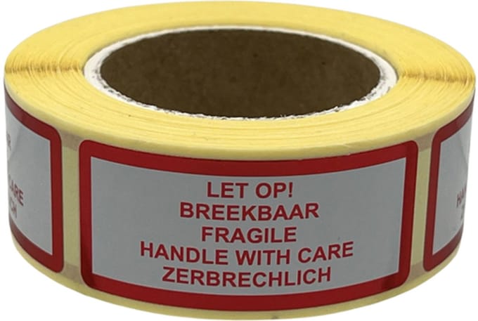 Breekbaar sticker 250 Stuks - 4 talen - 21x48mm - Waarschuwings sticker