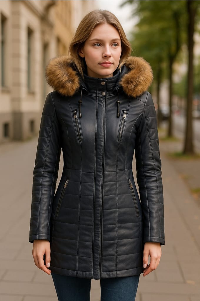 Dames blauwe gewatteerde leren parka-jas - Winton