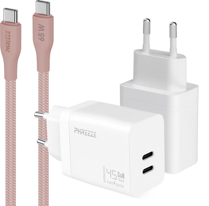 Phreeze usb C snellader 45w met usb C naar usb C kabel roze 1m - Dubbele usb C oplader - Fast charger