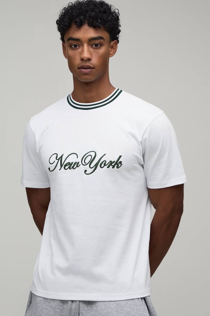 Regular Fit New York Hi-Build Embroidered T-Shirt | White | Size Large