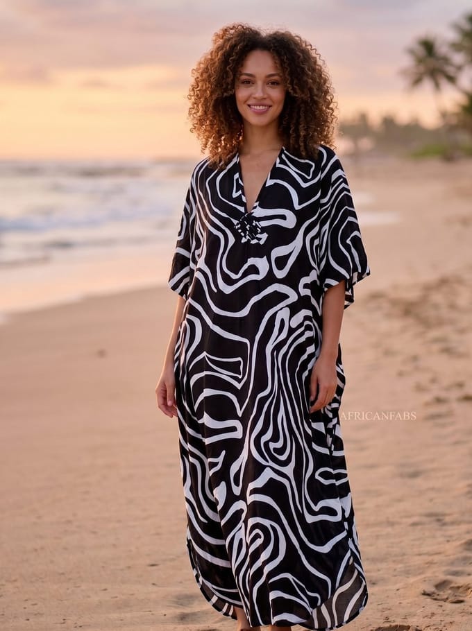 Boho rayon kaftan jurk - Zwart Wit Tribal Waves - Strand Cover Up Caftan Maxi Jurk