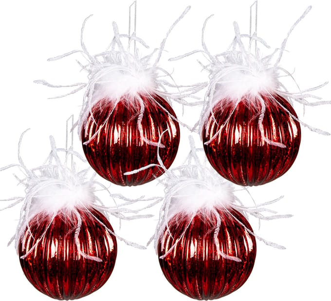 Clayre & Eef Kerstbal Set van 4 Overig Ø 10 cm Rood Wit Glas Kerstballen