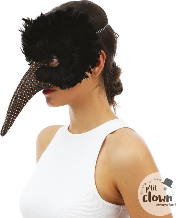 Black feathered long nose mask