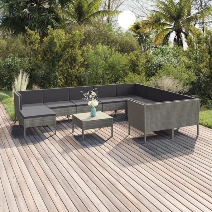 vidaXL - 11-delige - Loungeset - met - kussens - poly - rattan - grijs