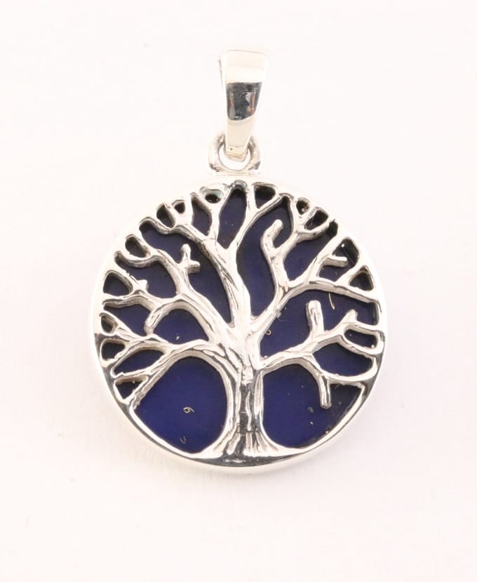 Fijne ronde zilveren hanger met levensboom op lapis lazuli