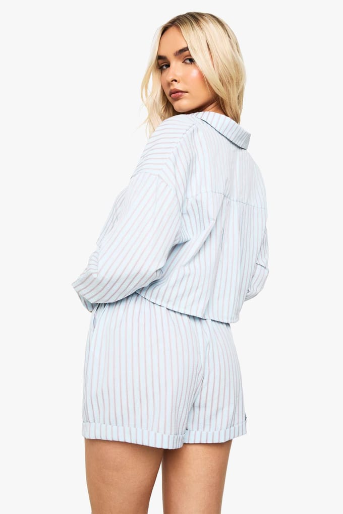 boohoo Dames Strepen Seersucker Turn Up Shorts | Blue | Maat: 6
