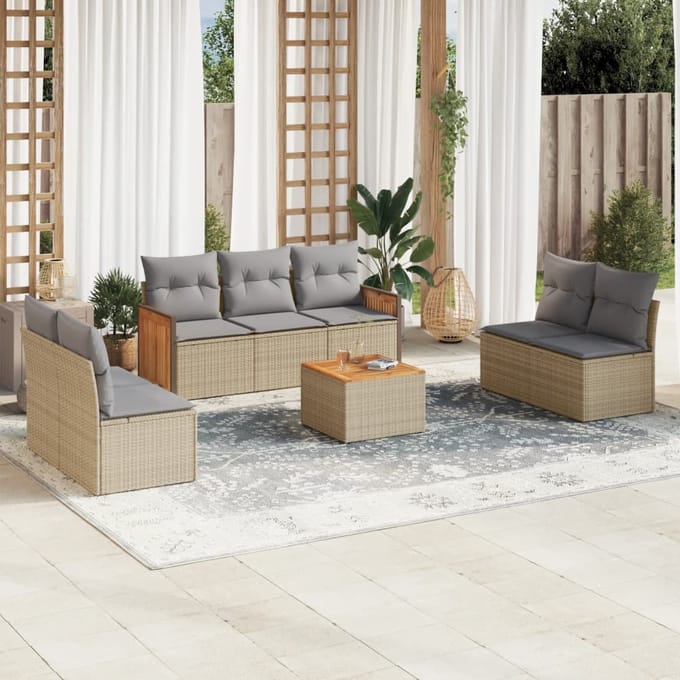 vidaXL - 8-delige - Loungeset - met - kussens - poly - rattan - beige