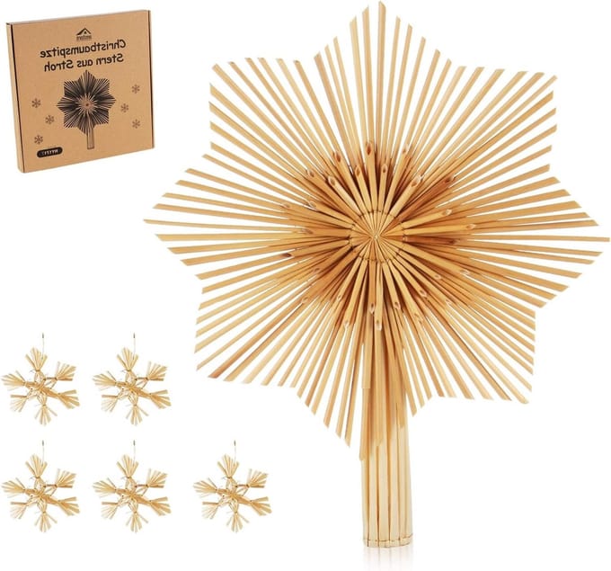 Allecta - Set van 6 Stro Sterren Ornamenten voor Kerstboom - Riet - 30 cm