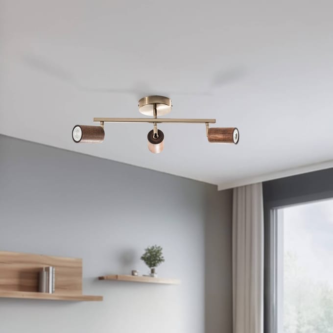 Lucea Legno plafondspot, lineair, 3-lamps, bruin/messing, hout