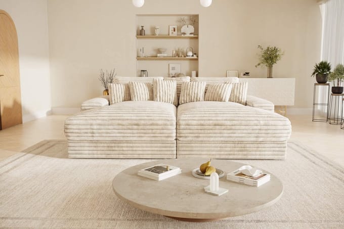Bigsofa American jmb medium- beige- dikke ribstof- zetelsenbedden