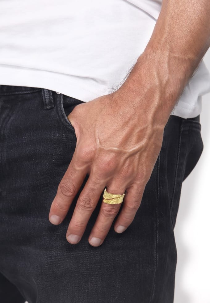 KUZZOI - Ring - Heren Ring Structuur Gebruikte Look in 925 Sterling Zilver Gold Plated - Heren