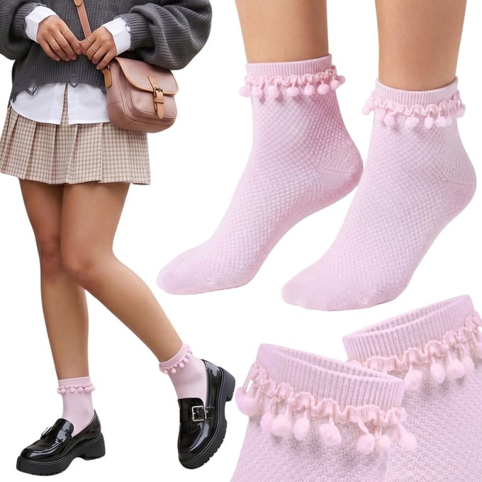 Dameskousen met pompons, hoge roze kousen 37-42