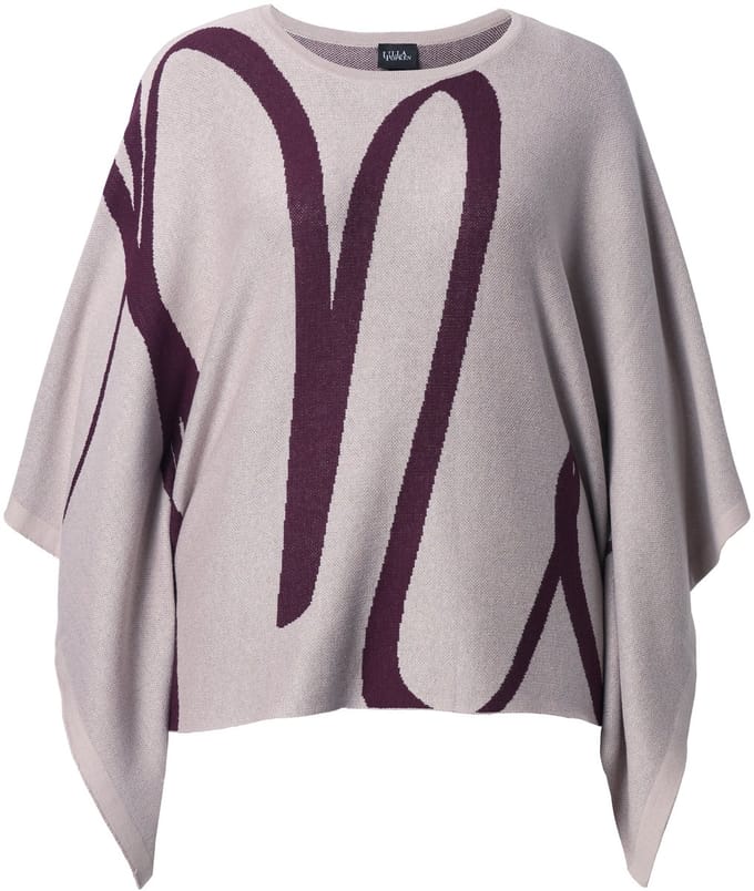 Ulla Popken - Dames - Gebreide poncho penseelstreek oversized ronde hals - Grijsbeige - Maat 1+