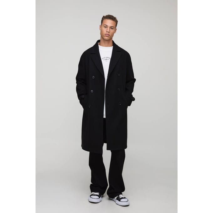 Lange dubbel-geknoopte wollen-look overjas in zwart | Black | Size Medium