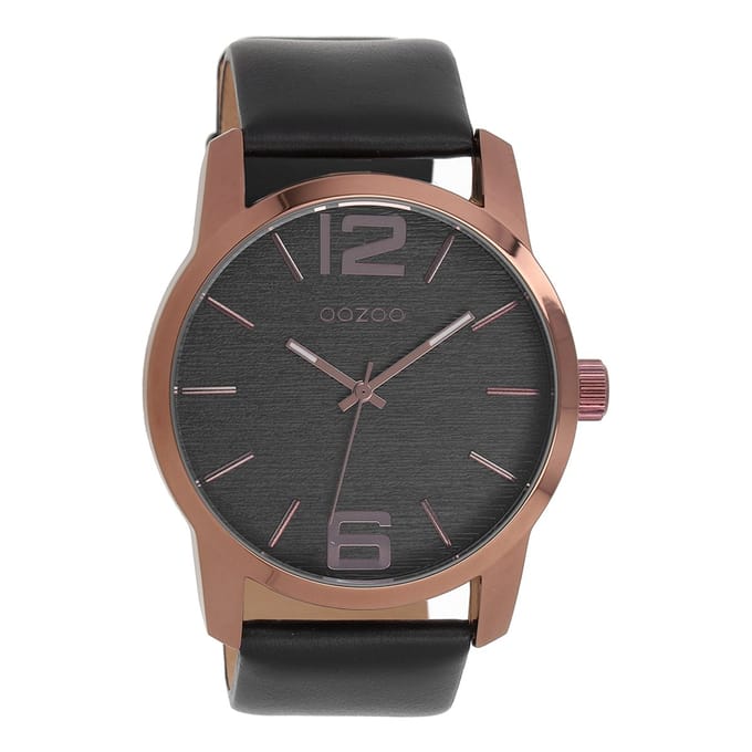 OOZOO Timepieces - Bruine horloge met zwarte leren band - C9088