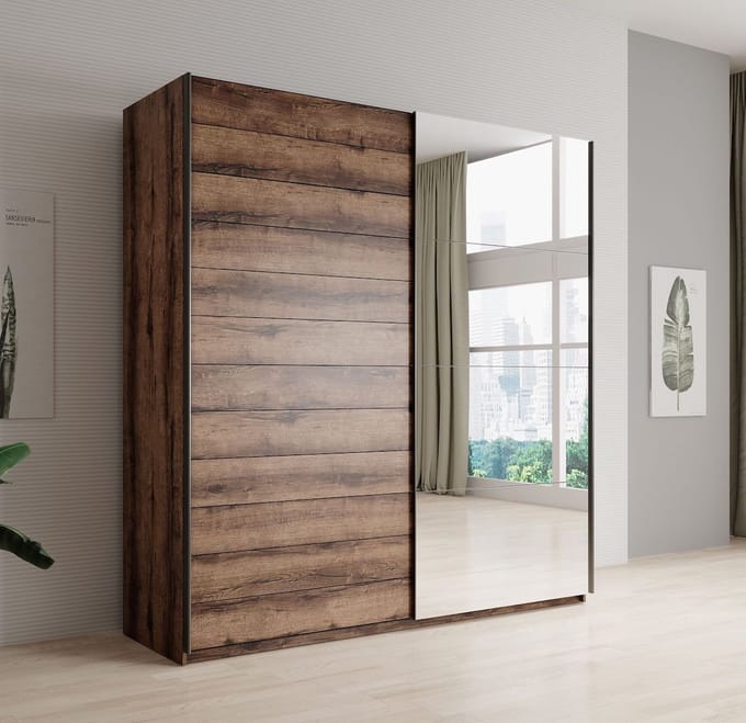 Meubella - Kledingkast Brown - Eiken - 180 cm - Met spiegel