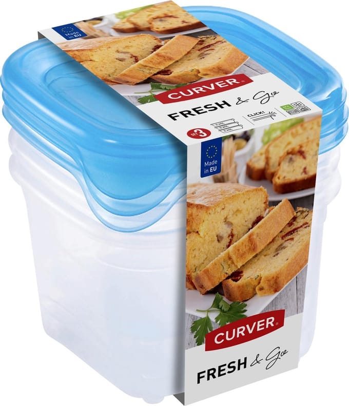 Curver Fresh & Go Vershoudbakjes met deksel - Vierkant - 3x0,45L - 3 stuks - Transparant/Blauw