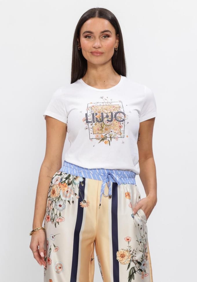 T-shirt met labelprint en siersteentjes