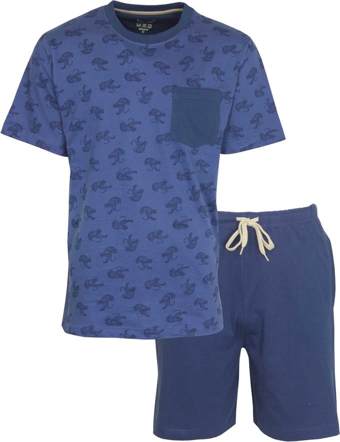 MEQ Heren Shortama - Pyjama Set - Tijgerprint - Blauw - Maat M