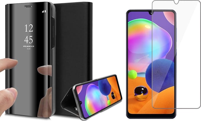 Hoesje geschikt voor Samsung Galaxy A31 - Screen Protector GlassGuard - Book Case Spiegel Zwart & Screenprotector