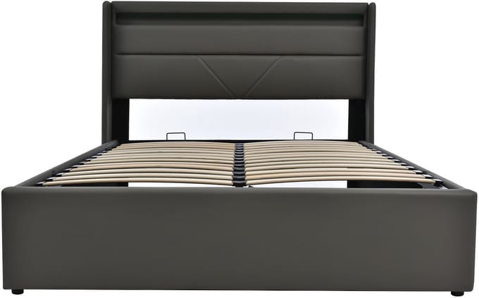 Hydraulisch opbergbed met LED-lichtstrip, tweepersoonsbedframe, gestoffeerd bed, 140x200 cm, functioneel bed, grijs (inclusief matras).