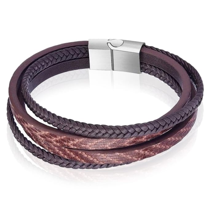Leren armband Mendes heren Edelstaal Multi Bruin-22cm