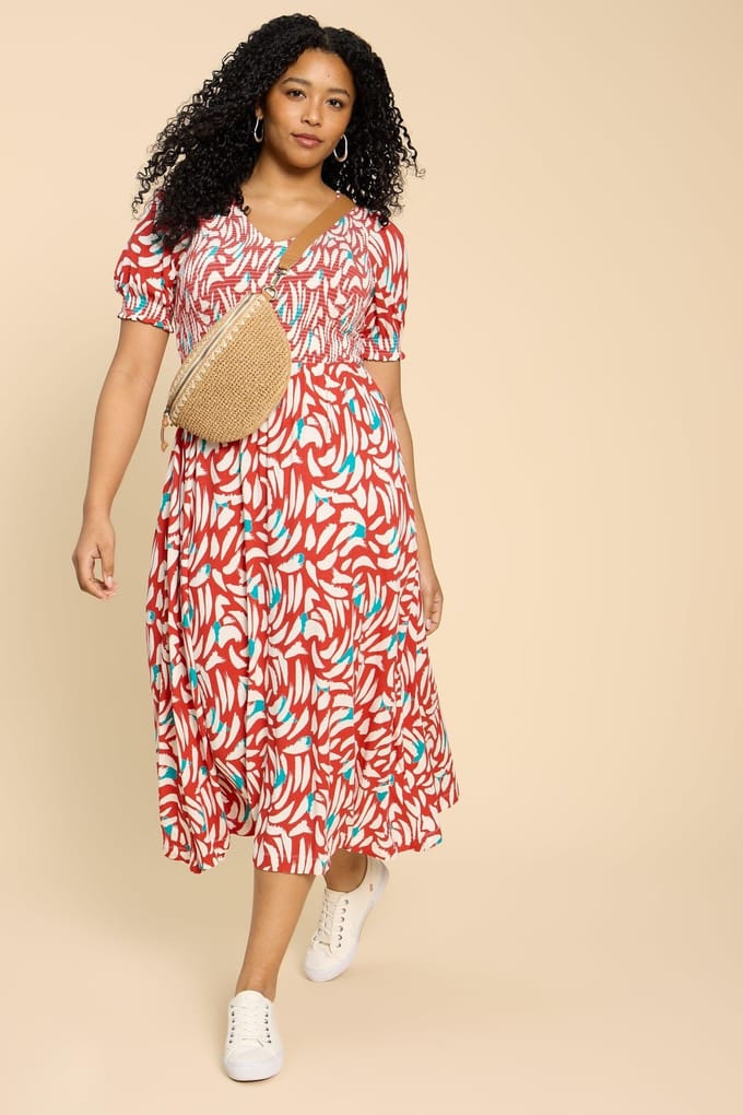 White Stuff Emily Shirred Jersey Dress Red Print Größe: 6 REGULAR | Midikleider Outlet | Damen | Rot