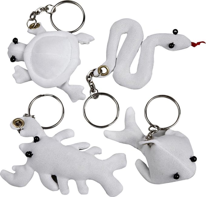 Figuren van textiel met sleutelhanger, afm 4-8 cm, wit, 4 stuk/ 1 doos