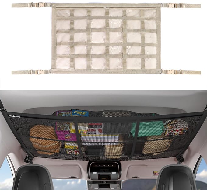 Auto Plafond Cargo Opslag Netzak, Verstelbare Dubbellaags Mesh Opbergnet voor Auto, SUV, Van (Beige, 90 x 65 cm)