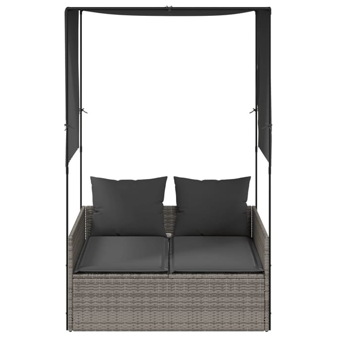 vidaXL - Ligbed - tweepersoons - met - dak - en - gordijn - poly - rattan - grijs