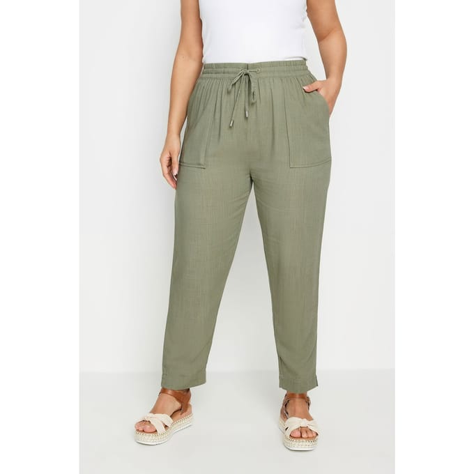 Yours Geweven Linnenlook Broek In Kakigroen Size 48