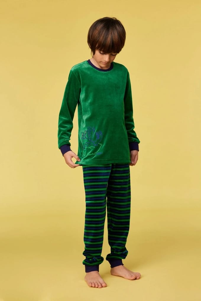 Woody pyjama jongens/heren velours - donkergroen - duif - 252-10-PLC-V/792 - maat 152