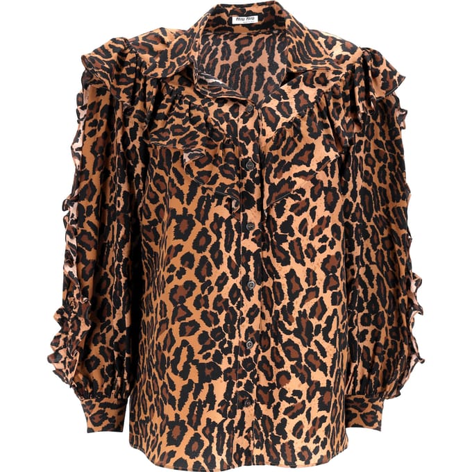 Miu Miu blouse met luipaardprint en ruches in bruine zijde