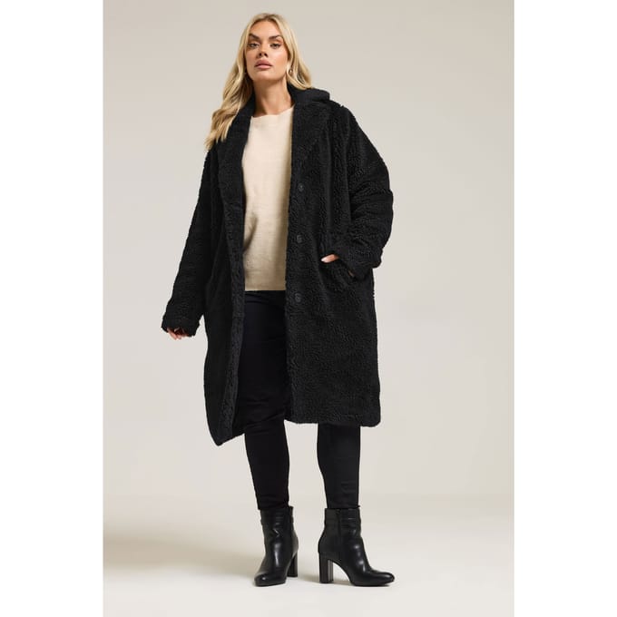 Yours Zwarte Teddy Borg Midi Jas Size 48