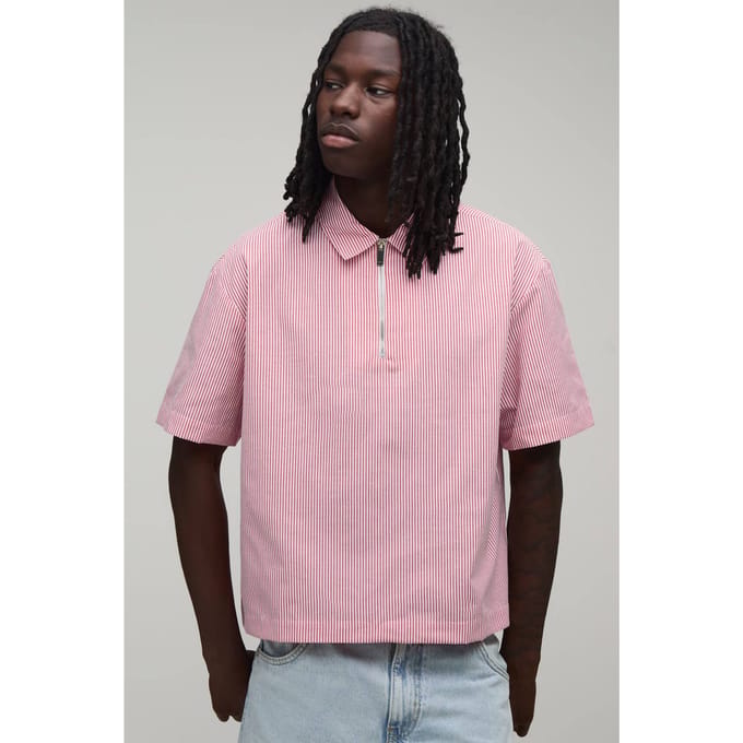 Oversized Boxy Gestreept Kwart Rits Overhemd | Red | Size Medium