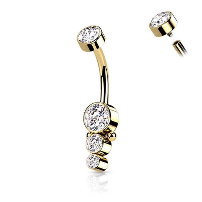 Navelpiercing PVD Triple CZ Round Cluster Dropdown - goud - LMPiercings